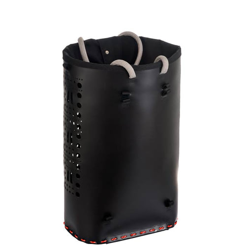 ropeBUCKET 80, schwarzer zylindrischer Behälter ohne Träger, mit grauen Griffschlaufen und roten Nähten am Boden, ohne sichtbaren Schriftzug
