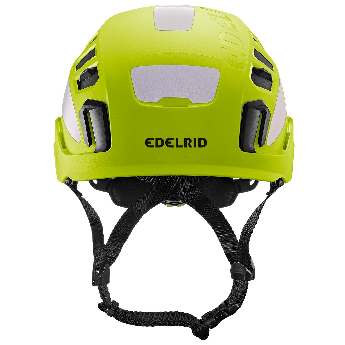 Tectum Air Hi-Viz Kletterhelm von Edelrid in leuchtgelb mit weißen Reflektoren und schwarzem Kinnriemen, Vorderansicht mit sichtbarem Markenlogo Edelrid