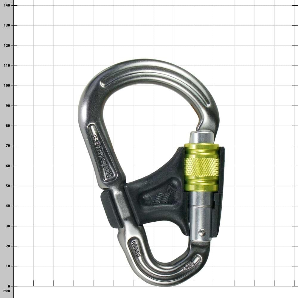 Belay Master Karabiner mit gelbem Verschluss und schwarzem Kunststoffteil, von anderer Seite betrachtet