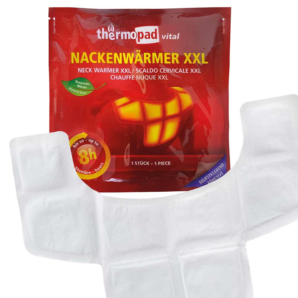 thermopad vital Nackenwärmer XXL Verpackung in Rot mit gelber Schrift und weißem Nackenwärmer in T-Form davor