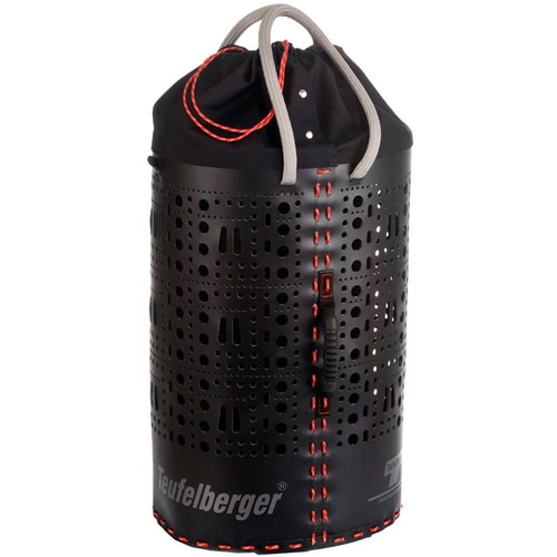 ropeBUCKET 80, schwarzer zylindrischer Behälter mit vielen Löchern, schwarzem Kordelzugverschluss oben, grauen Griffschlaufen, roter Naht und grauem Schriftzug "Teufelberger"