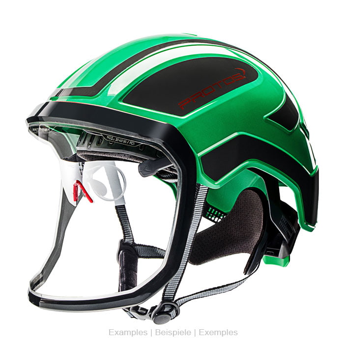 PROTOS® Helm in grün und schwarz mit integriertem transparentem Gesichtsschutz und schwarzem Kinnriemen, PROTOS® Logo in rot auf der Seite