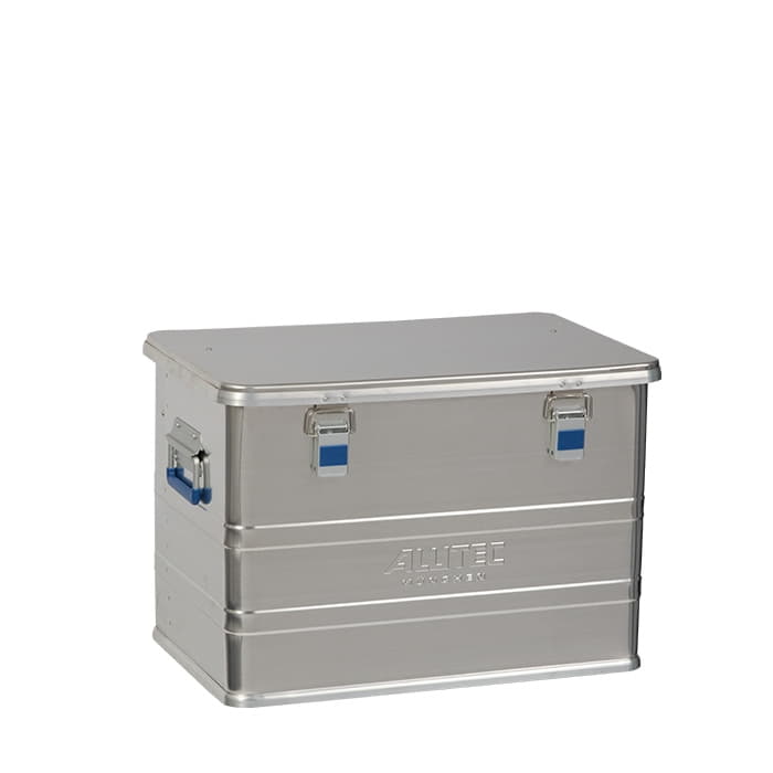 Alubox Comfort 73 von Alutec, geschlossene silberne Aluminiumbox mit blauen Griffen und Verschlüssen