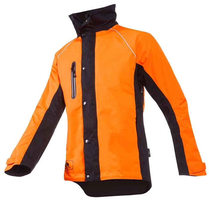 Keiu Regenjacke in orange und schwarz mit Reißverschluss, Druckknöpfen und Brusttasche