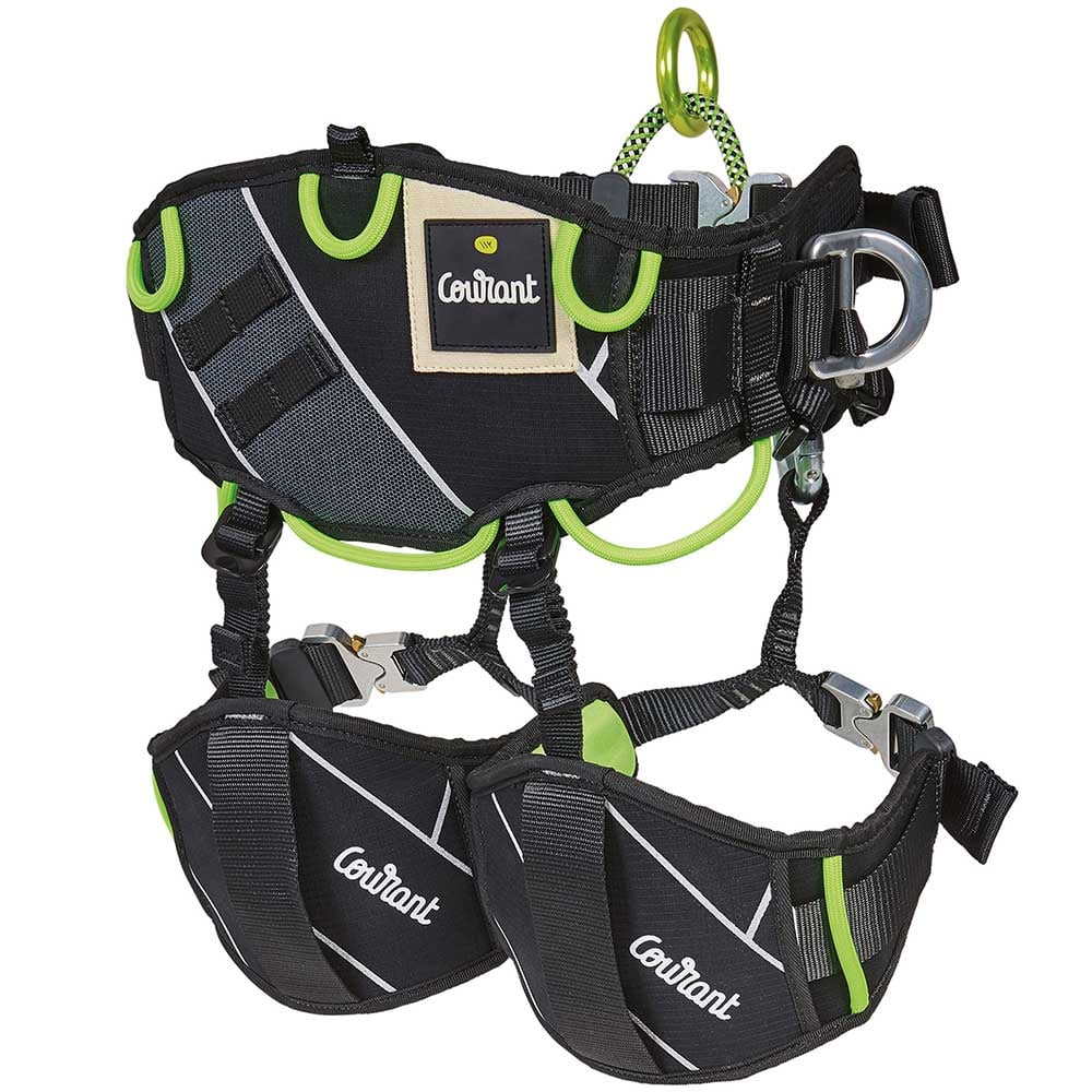 Klettergurt Koala V1.2 von Courant in schwarz mit grünen Details, mehreren Schlaufen und Metallverschlüssen