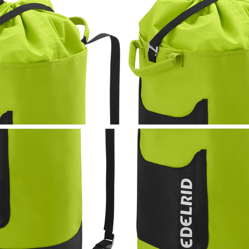 Cask 28 von Edelrid, Nahaufnahmen von Details des gelb-schwarzen Seilsacks, darunter Kordelzug, Tragegriff, Schultergurt und schwarze Tasche mit weißem Edelrid-Logo