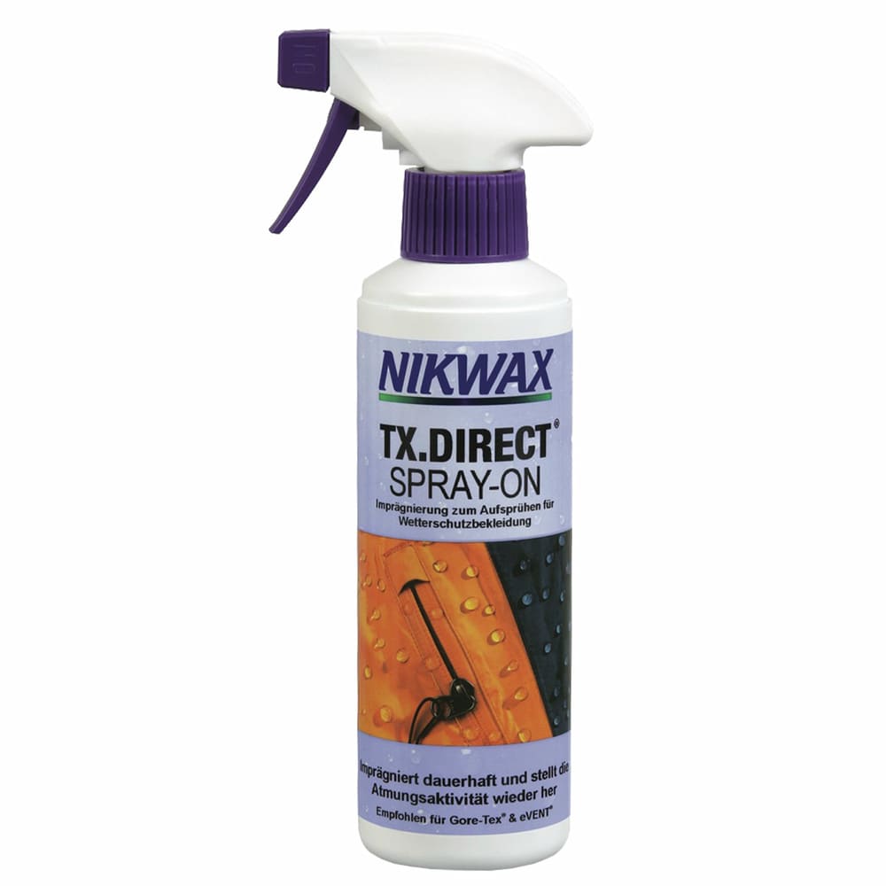 Nikwax TX-Direct Spray-On Imprägnierspray in weißer Sprühflasche mit lila Sprühkopf und lila Etikett, auf dem ein orange-schwarzes Kleidungsstück mit Wassertropfen abgebildet ist