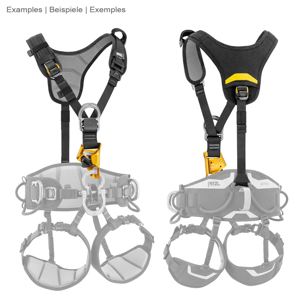 Top Croll von Petzl, Vorder- und Rückansicht des schwarzen Bruststeigklemme-Gurtzeugs mit grauem Netzgewebe und gelber Steigklemme, mit grauen, halbtransparenten Klettergurt-Silhouetten im Hintergrund