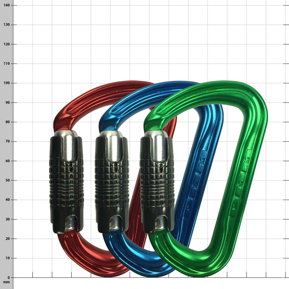 3 x Shadow Color Kletterkarabiner in Rot, Blau und Grün nebeneinander liegend