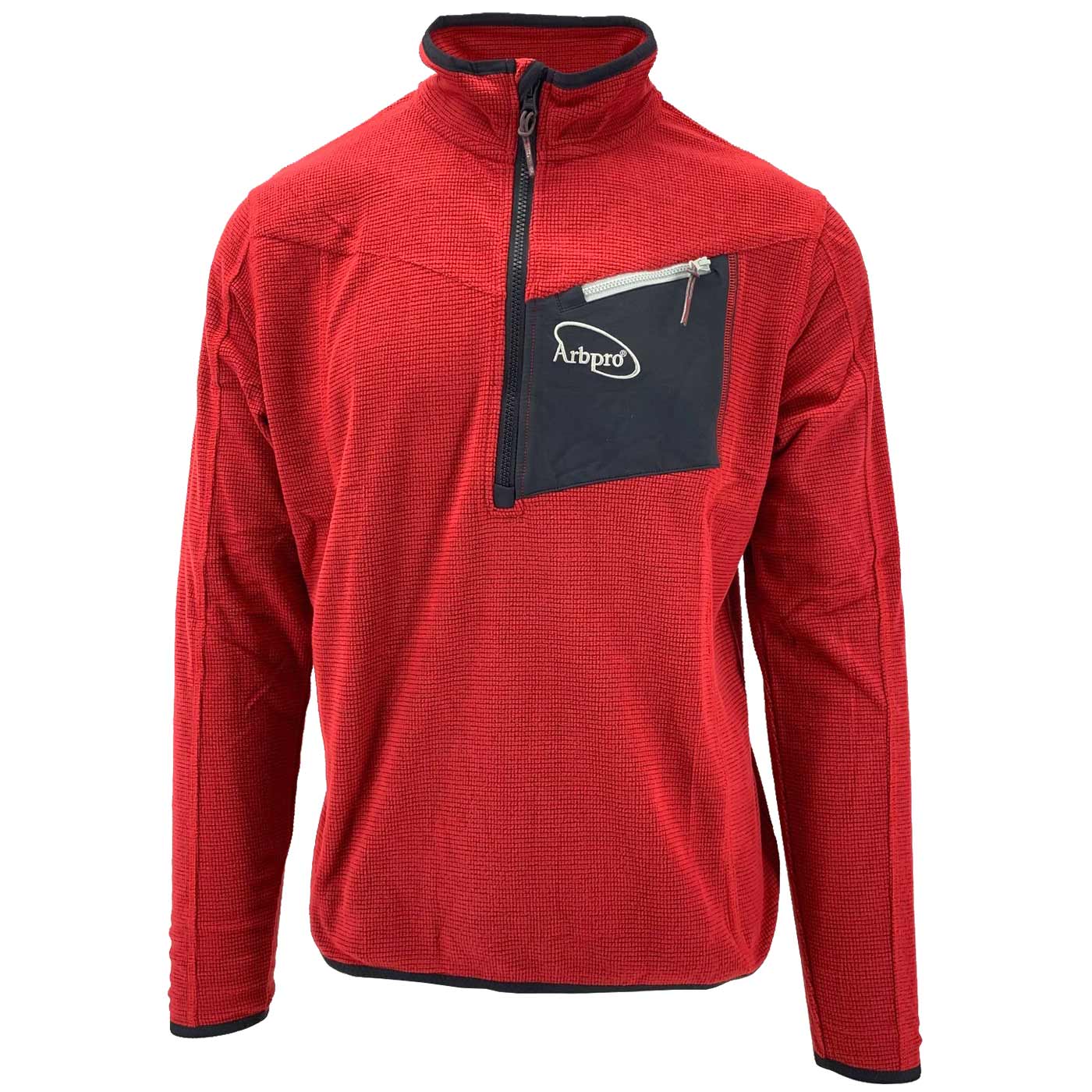 Micro Fleece rotes Microfleece-Oberteil mit halblangem Reißverschluss und schwarzer Brusttasche mit weißem Reißverschluss und Arbpro-Logo
