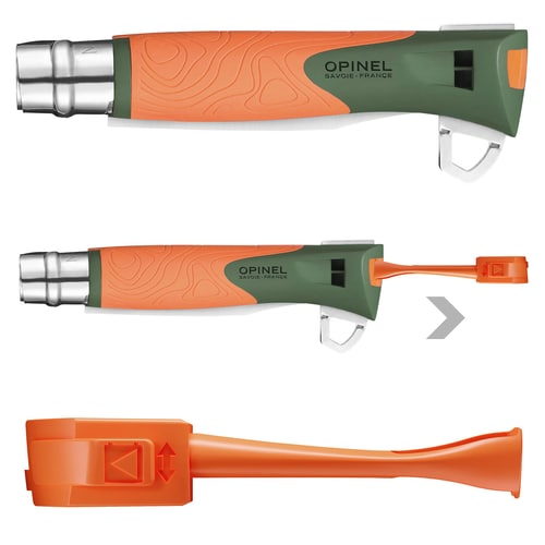 Zwei Opinel N°12 Explore Messer nebeneinander, Griffe orange und grün mit Muster, ein Messer mit orangefarbenem Werkzeug ausgezogen, Hersteller Opinel