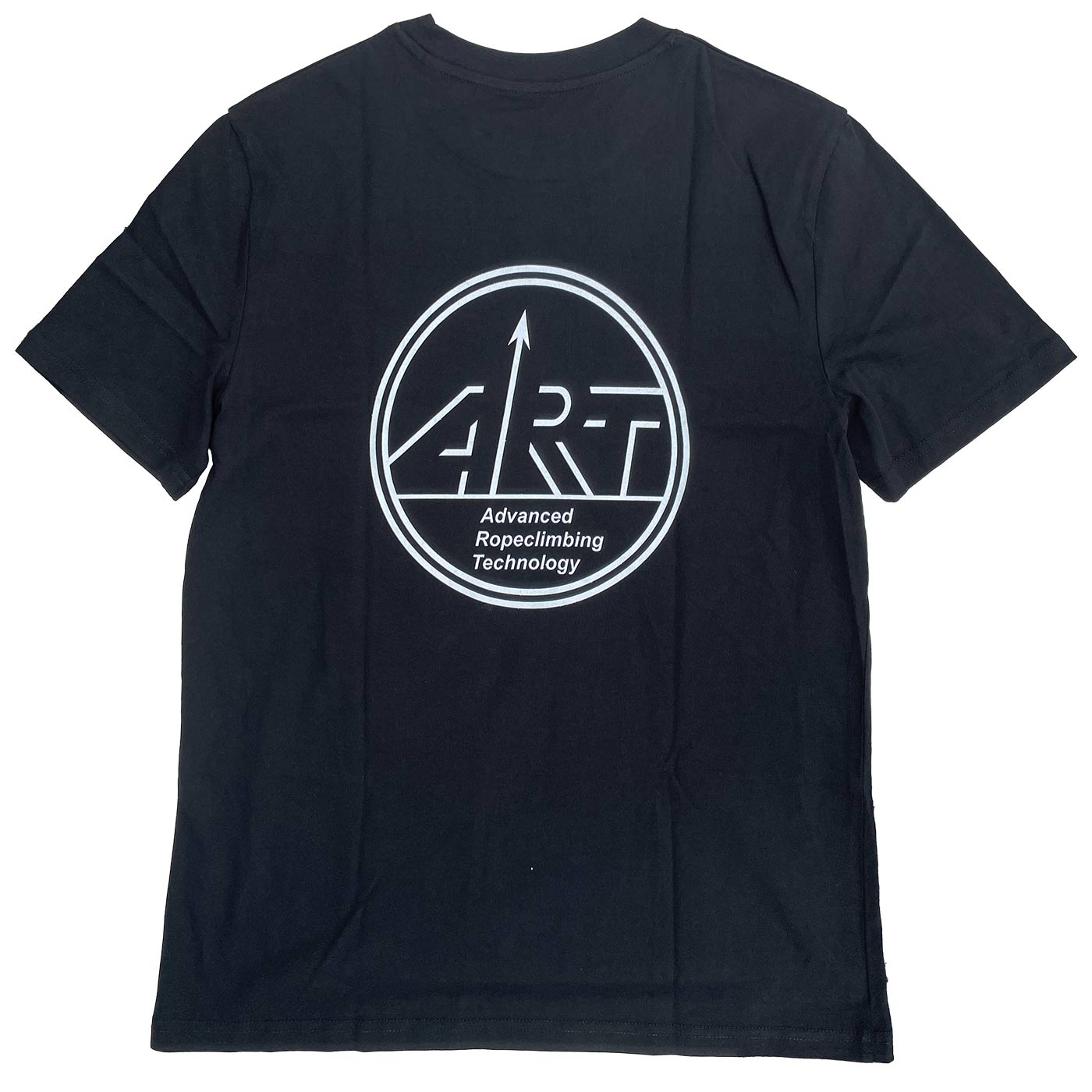 Schwarzes ART Snake Shirt mit weißem ART-Logo und Schriftzug "Advanced Ropeclimbing Technology" auf der Rückseite