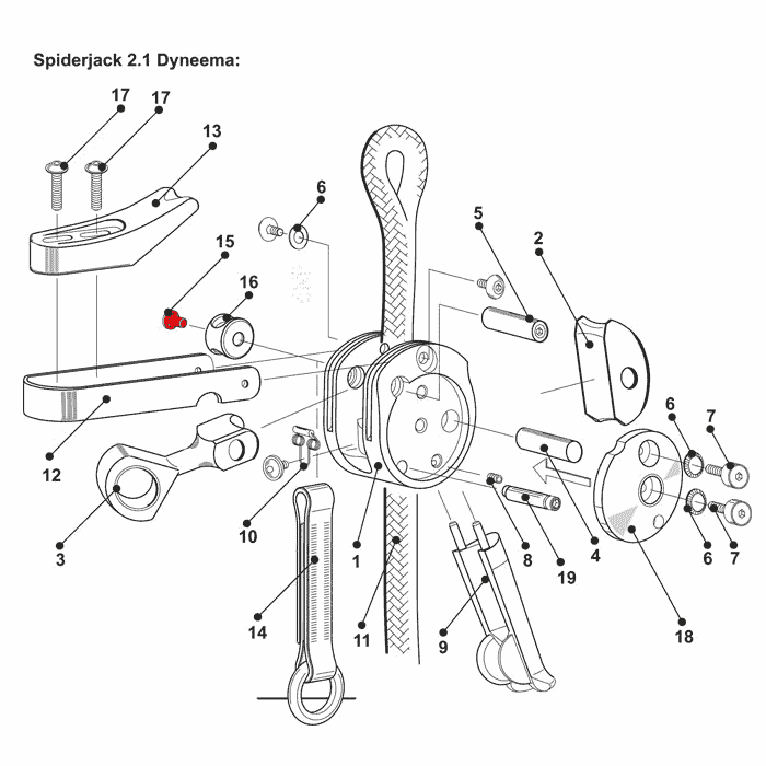 Technische Zeichnung des SpiderJack 2.1 Dyneema mit nummerierten Einzelteilen, darunter die rote Lagerungsschraube für Flansch an Position 15, dargestellt in einem Explosionsdiagramm