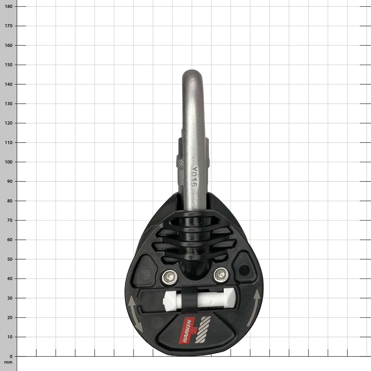 Snatchet 65 Ratchet von Harken mit silbernem Karabiner und schwarzem Kunststoffgehäuse, Ansicht von oben