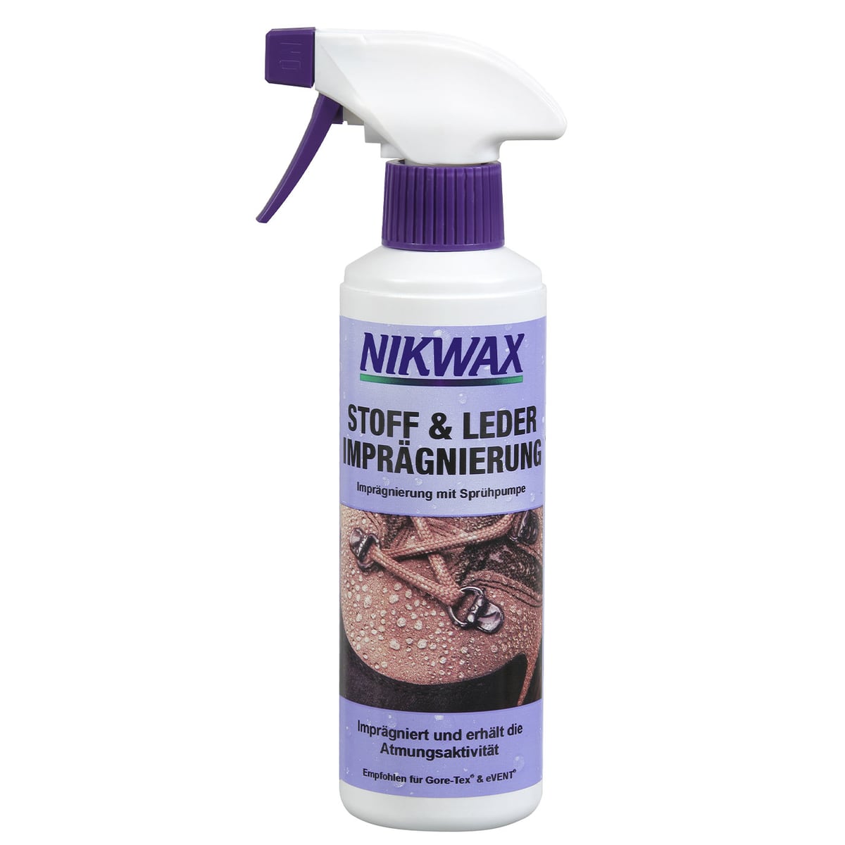 Nikwax Stoff & Leder Imprägnierung Sprayflasche mit weißem Körper und lila Sprühkopf, Etikett in lila mit Text und Bild eines nassen Lederschuhs