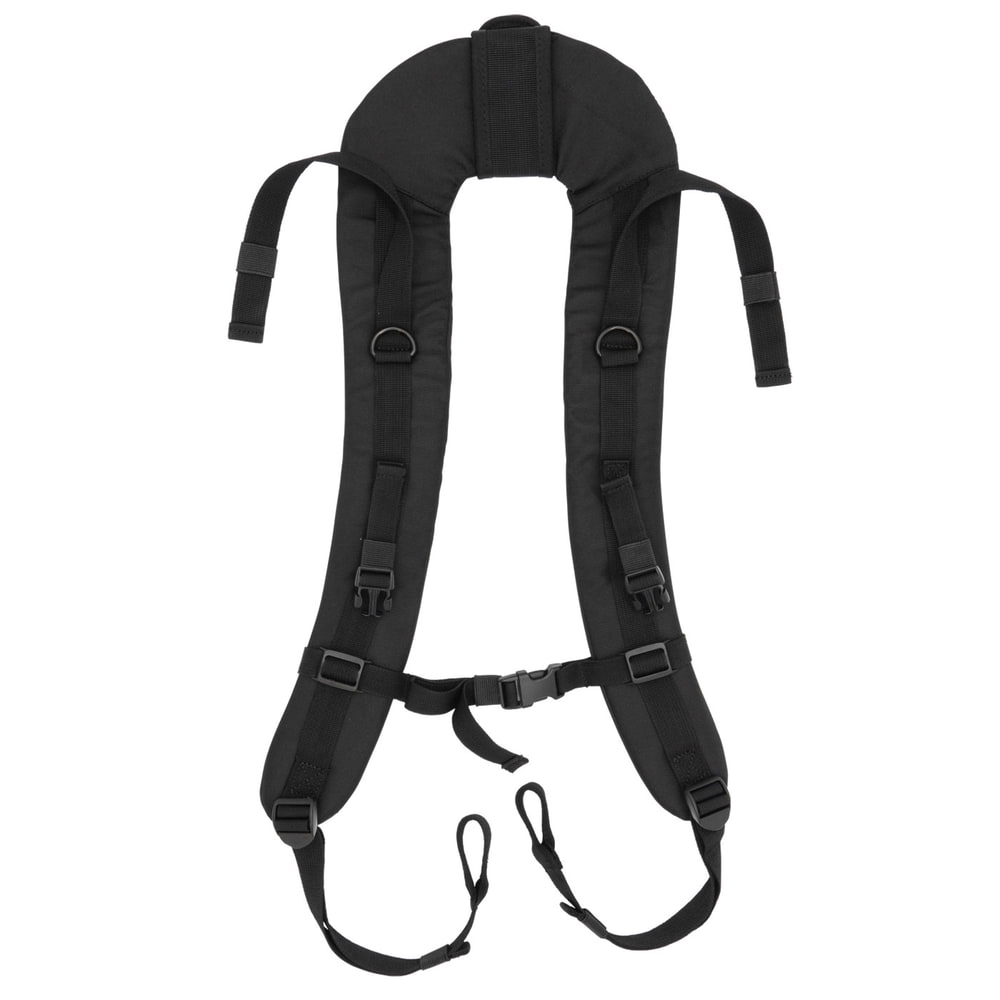 Schwarze Mule Shoulder Straps, Schultergurte mit Polsterung und mehreren verstellbaren Riemen und Schnallen, Produktname sichtbar