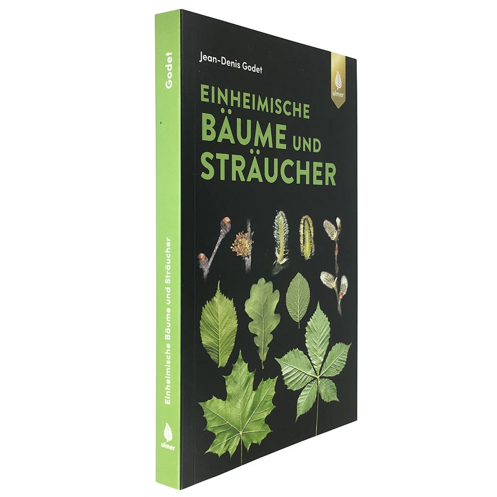 Buch Einheimische Bäume und Sträucher von Jean-Denis Godet mit schwarzem Einband, grünem Titeltext, grünem Buchrücken und Abbildungen von Blättern und Knospen, Verlag Ulmer