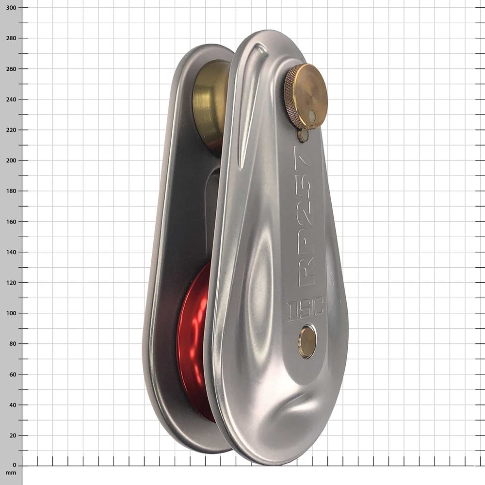 Large Rigging Pulley mit silbernem Metallgehäuse, roter und goldener Rolle, Produktcode RP257 sichtbar
