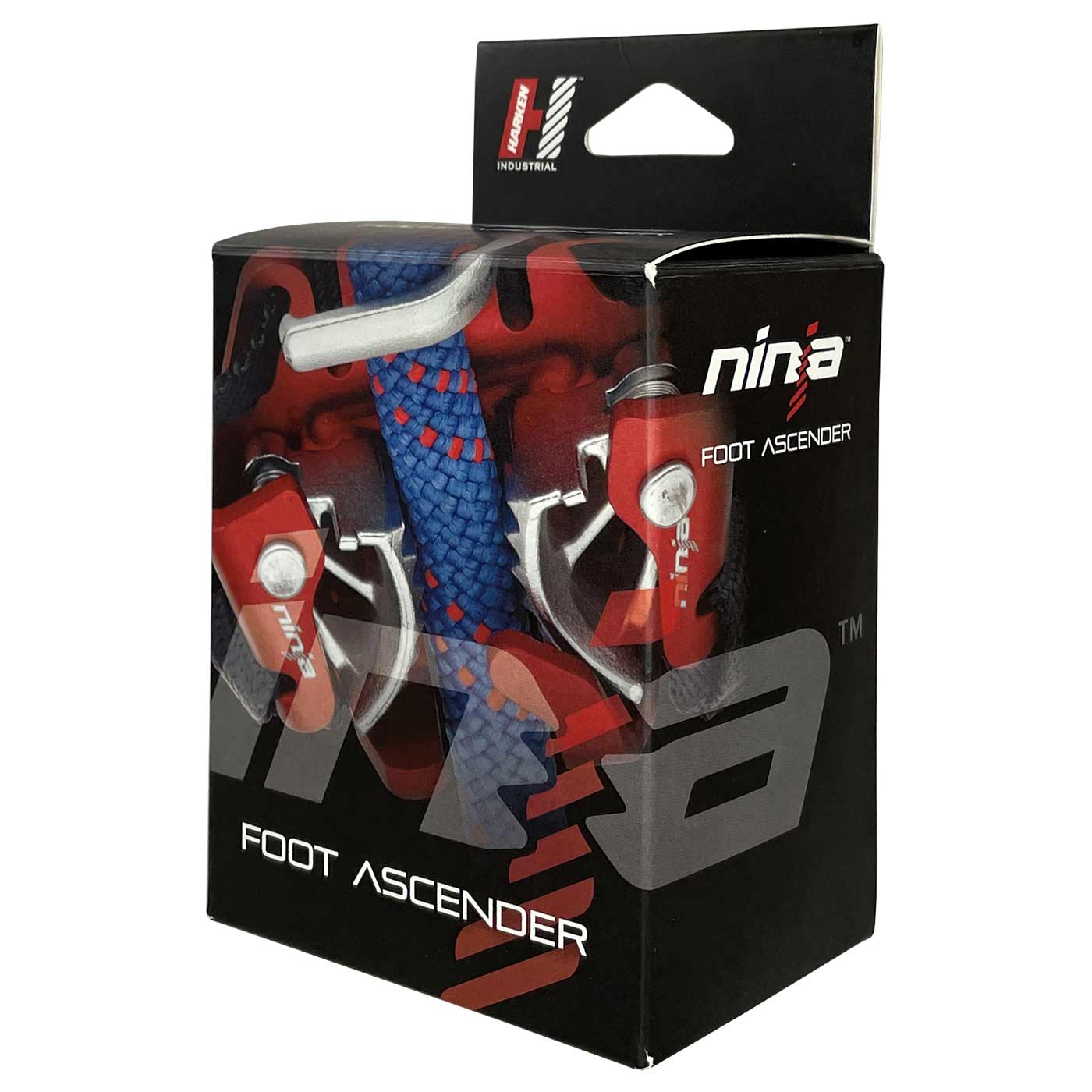 Verpackung der Ninja Fußsteigklemme, schwarz mit rotem und weißem Schriftzug "ninja FOOT ASCENDER" und Herstellerlogo KARBEN INDUSTRIAL