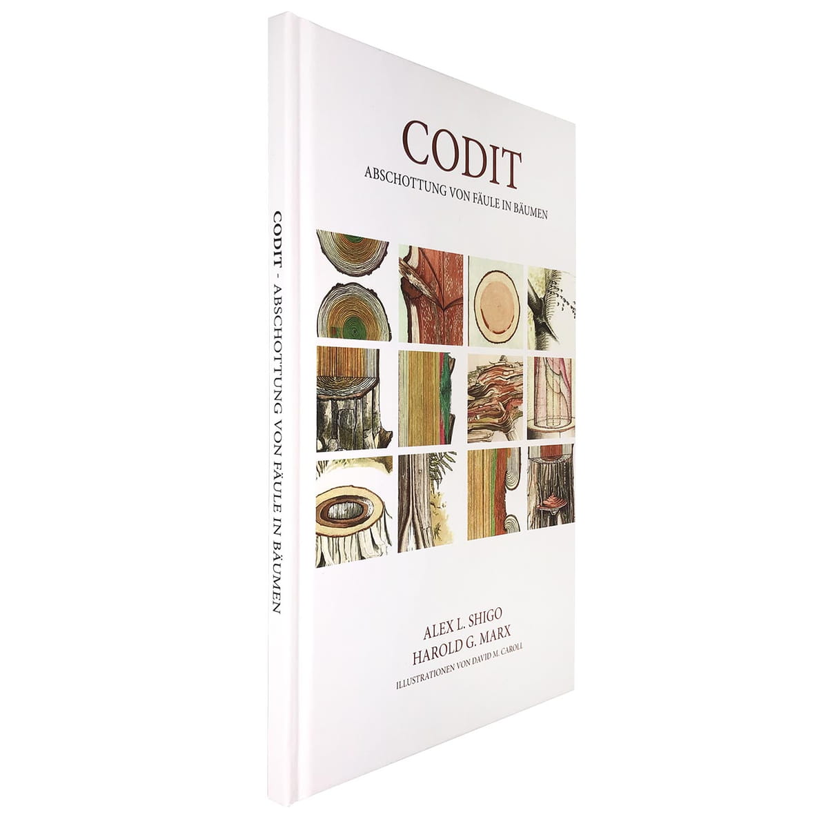 Buch CODIT mit weißem Hardcover, leicht schräg von vorne fotografiert, mit zwölf bunten Baumillustrationen auf dem Cover und sichtbarem Buchrücken mit Titel