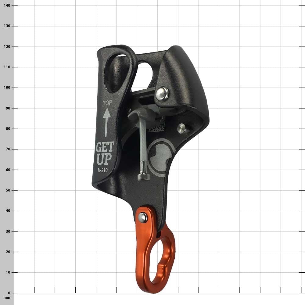 Schwarzes Klettersteigset Get Up H-210 mit orangem Metallhaken und silbernem Bolzen, schräge Ansicht