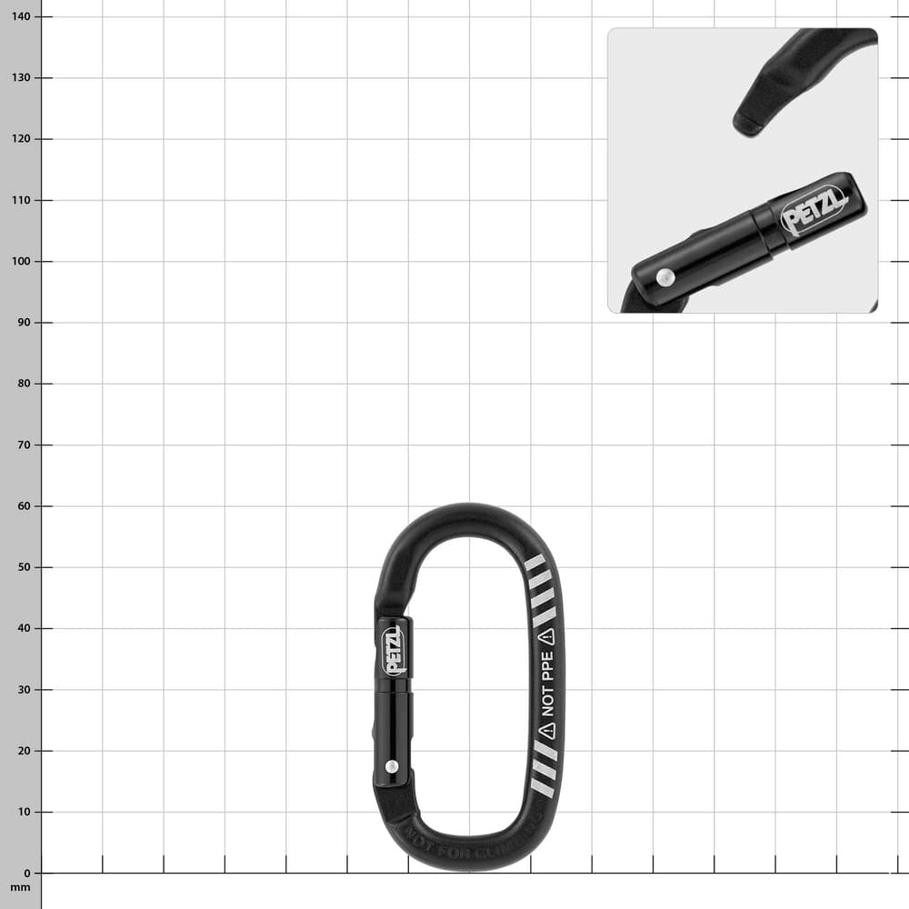 Mino Karabiner von Petzl in schwarz mit weißen Markierungen und PETZL-Logo auf dem Verschluss