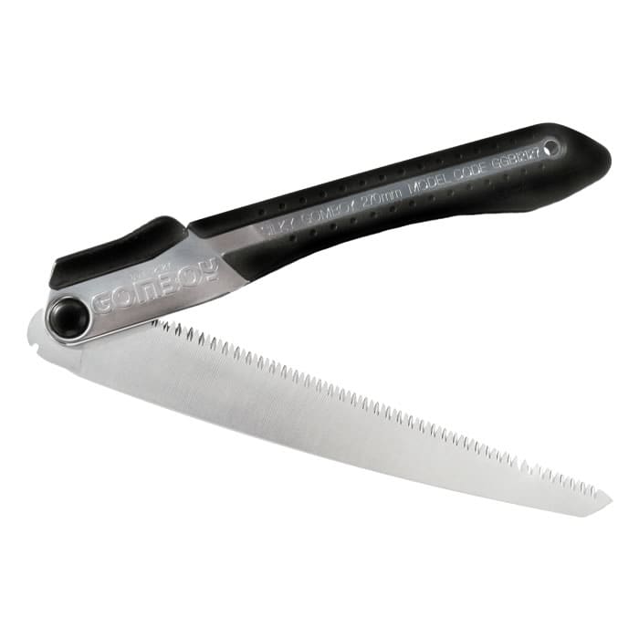 Gomboy 270-10 Klappsäge halb geöffnet mit schwarzem Griff und silberner Sägeklinge, Herstellername Gomboy sichtbar