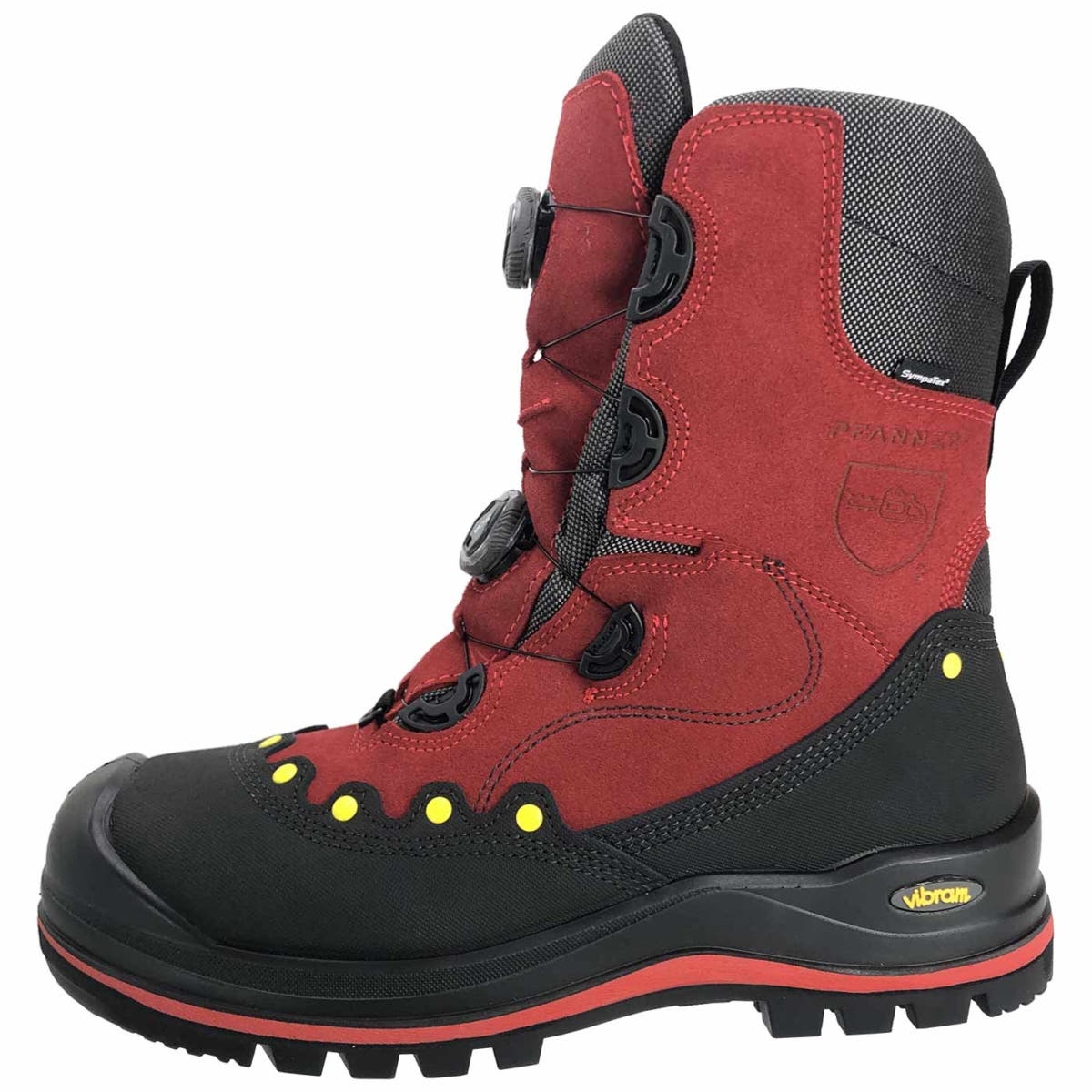 BOA® Schnittschutzschuh seitliche Ansicht in Rot und Schwarz mit gelben Punkten, schwarzer Sohle mit rotem Streifen und zwei schwarzen Drehverschlüssen