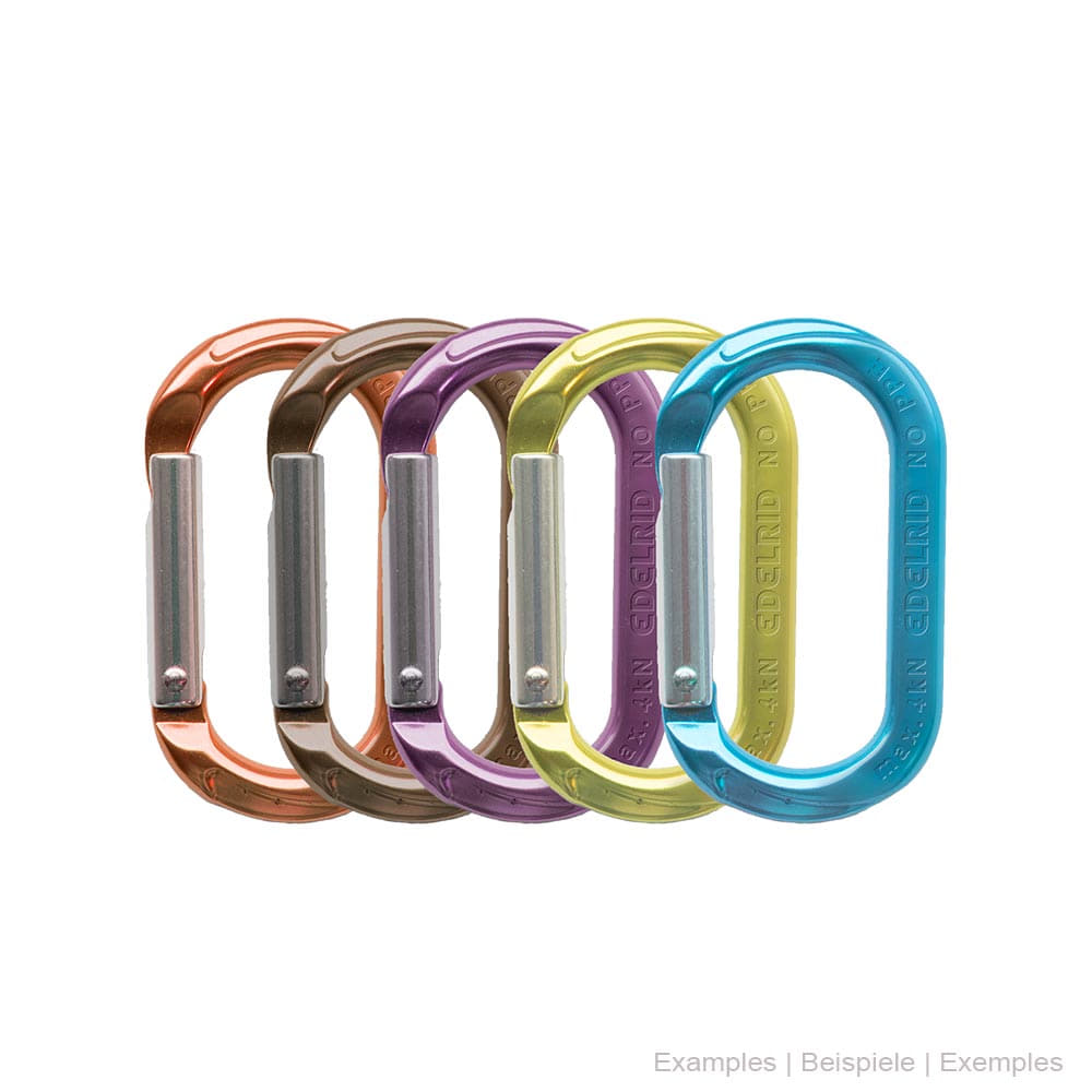 Mini-O Karabinerhaken in fünf verschiedenen Farben (orange, braun, lila, gelb, blau) mit silbernen Verschlussfedern, Hersteller nicht sichtbar