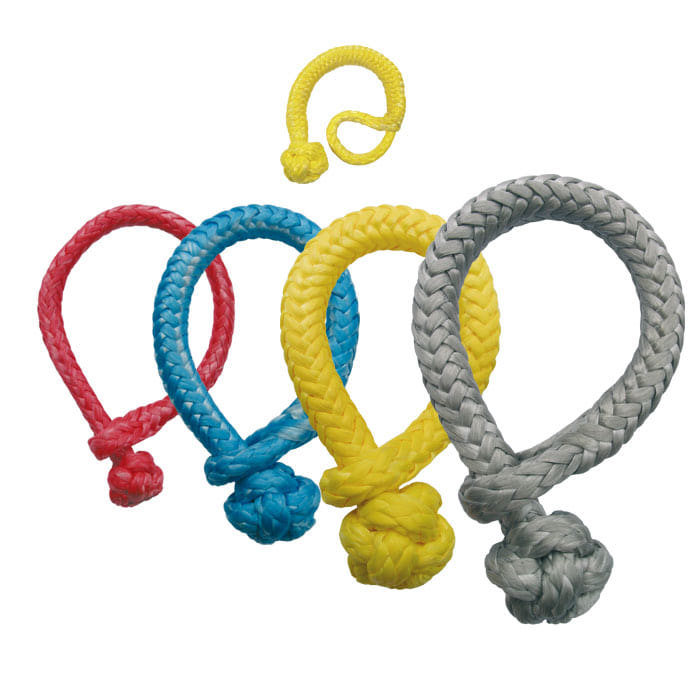 Link 4 Seile in Rot, Blau, Gelb und Grau mit Knoten und ein kleines gelbes Seil mit Knoten