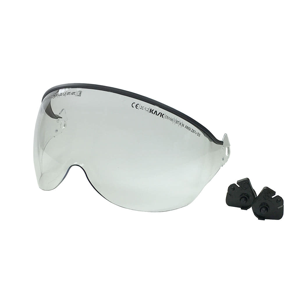 Visor V2 Plus Transparent Schutzvisier mit schwarzem Rand und zwei kleinen schwarzen Befestigungsteilen
