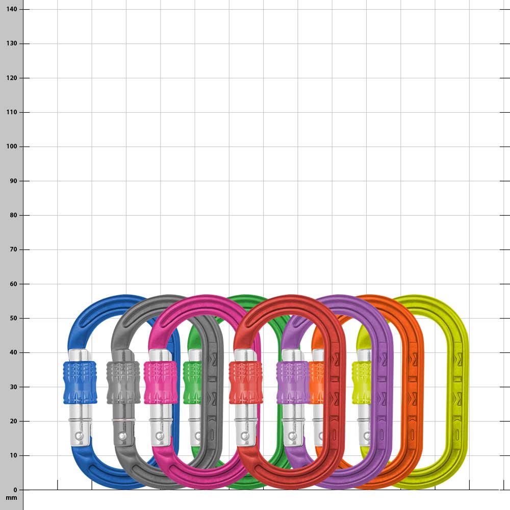 XSRE Lock, Hersteller nicht sichtbar, acht bunte Karabiner in Blau, Grau, Pink, Grün, Rot, Lila, Orange und Gelb nebeneinander angeordnet