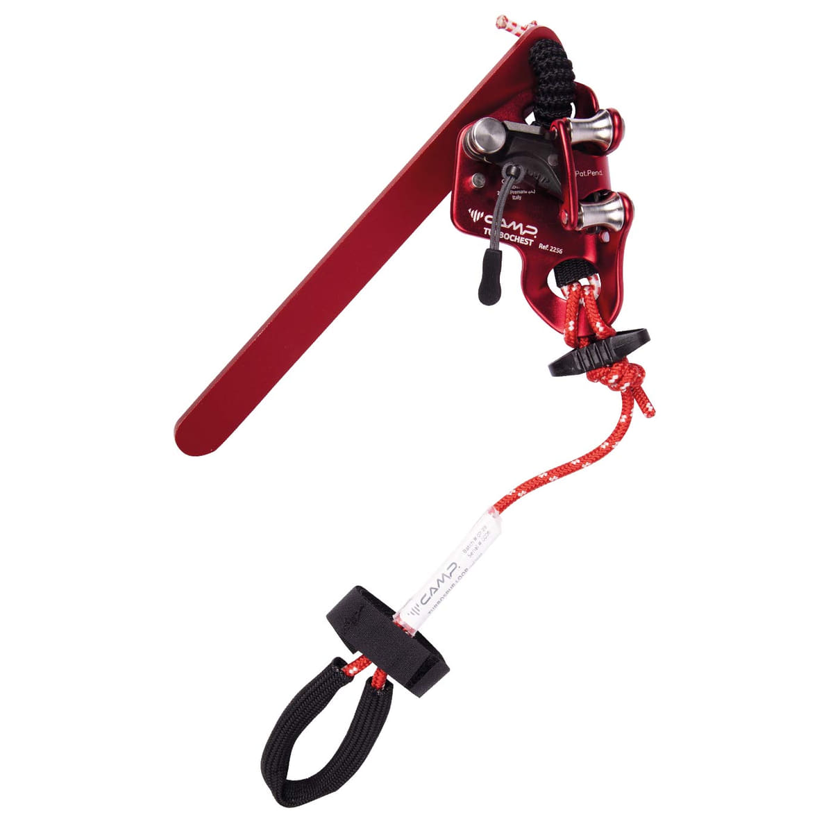 Turbospur System von CAMP, rotes Metallgerät mit Hebel, Seil und Schlaufe