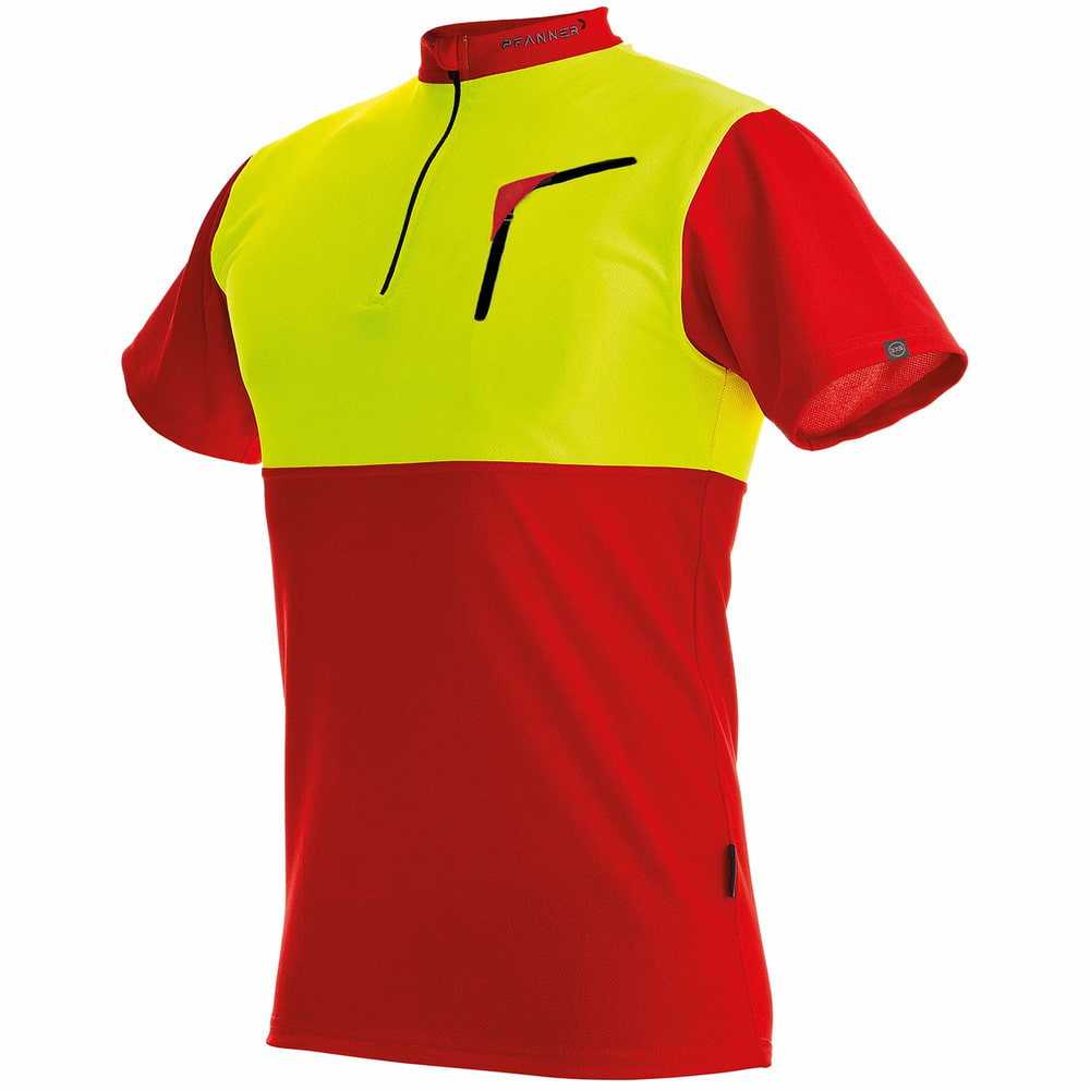 Zipp-Neck Shirt in rot und gelb mit kurzem Reißverschluss und Brusttasche, Herstellername Pfanner auf dem Kragen sichtbar
