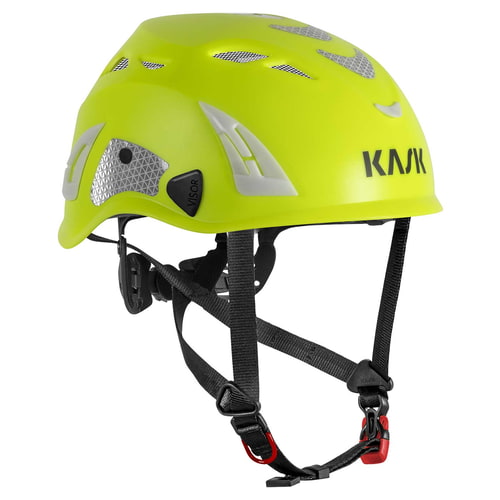 KASK Super Plasma PL Hi-Viz Helm in leuchtendem Gelb mit schwarzen Befestigungsriemen und reflektierenden silbernen Elementen