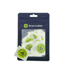 Verpackung mit mehreren runden, gelben Helm Sticker NFC Tag Aufklebern mit schwarzer Aufschrift „Tap phone here Scannable“ und einem Smartphone-Symbol