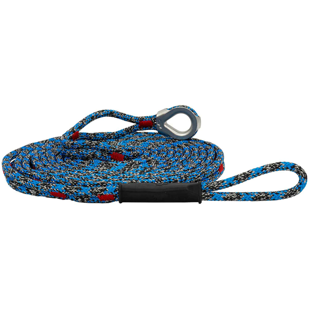 chainANCHOR blau-schwarzes Seil mit roten Markierungen und Metallöse, aufgerollt