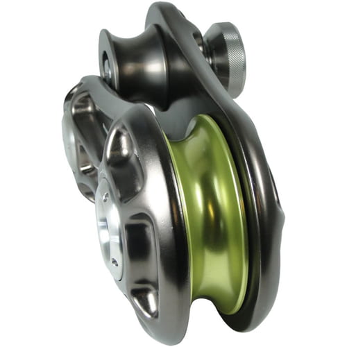 Impact Block L, grauer Metallblock mit grünem Rad, seitliche Ansicht