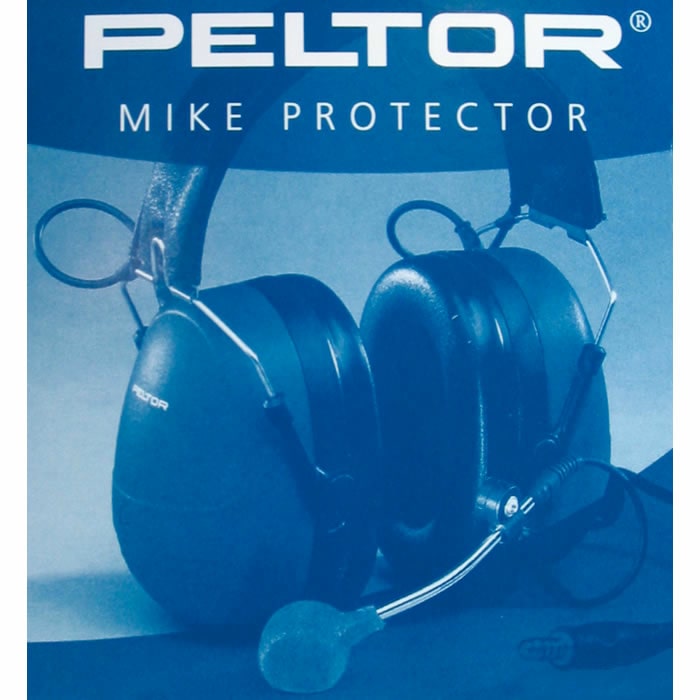 Peltor Lite Com Mikrofonschutz, schwarzer Kopfhörer mit Mikrofon und Schaumstoff-Mikrofonschutz auf blauem Hintergrund