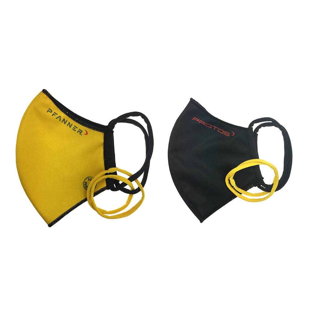 PFANNER® Wendemaske im Doppelpack, einmal gelb mit schwarzem Rand und Gummiband, einmal schwarz mit rotem PROTOS-Logo, beide mit jeweils zwei zusätzlichen gelben Gummibändern