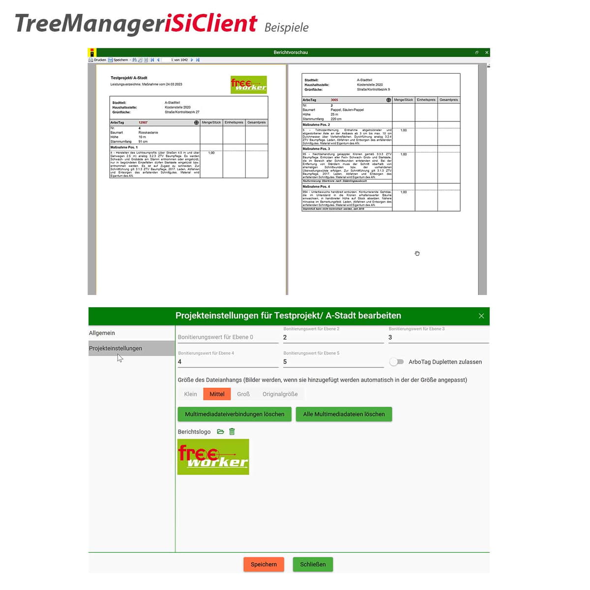 TreeManager iSiClient Software mit Berichtsvorschau oben, darunter Einstellungen für ein Testprojekt mit Buttons zum Löschen von Multimediadateien und einem grünen freeworker Logo