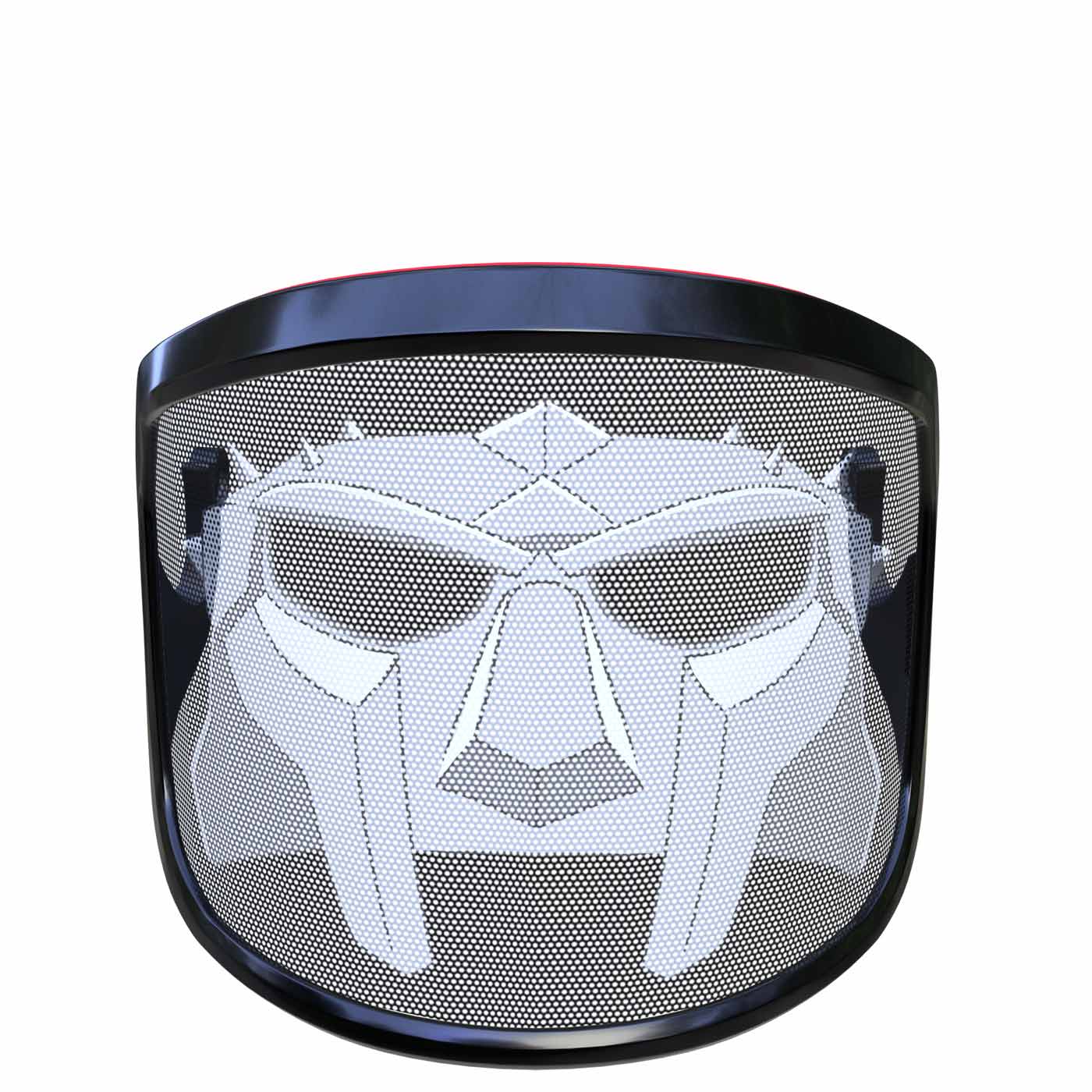 PROTOS® Visier Special Edition, schwarzes Schutzvisier mit weißem, stilisiertem Gesichtsmotiv und rotem Rand oben, Frontansicht