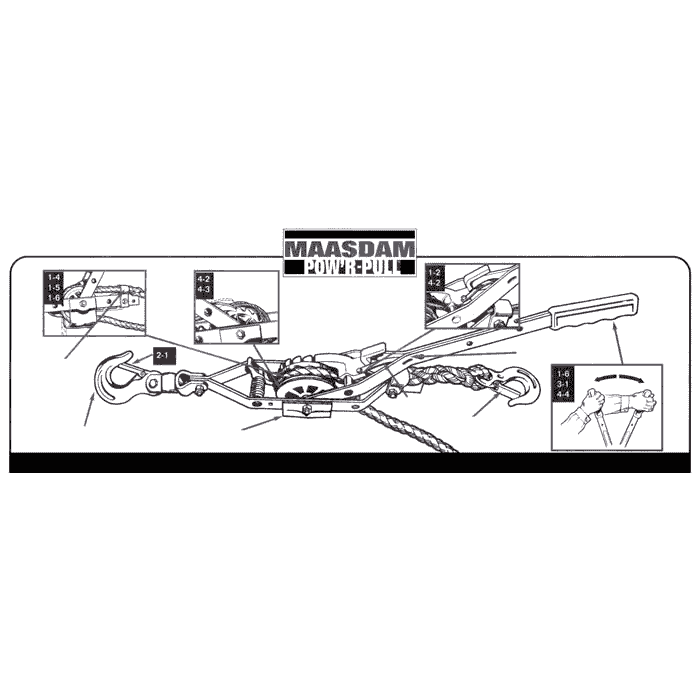 Schwarz-weiße technische Zeichnung eines Rope Pullers mit der Aufschrift "MAASDAM POWER PULL" und mehreren Detailansichten von Haken, Hebel und Seilenden