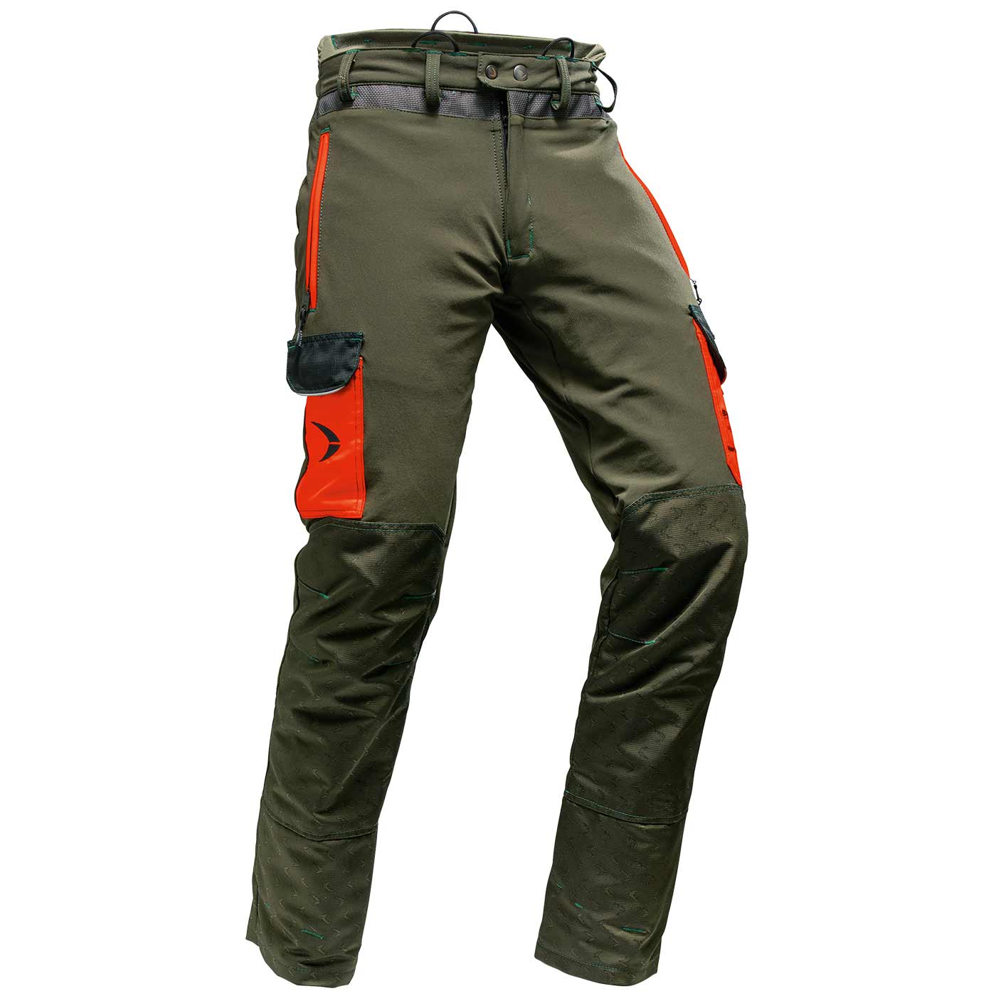 Arborist Slim Fit Arbeitshose in Olivgrün mit orangenen Taschen und verstärkten Knien, Vorderansicht