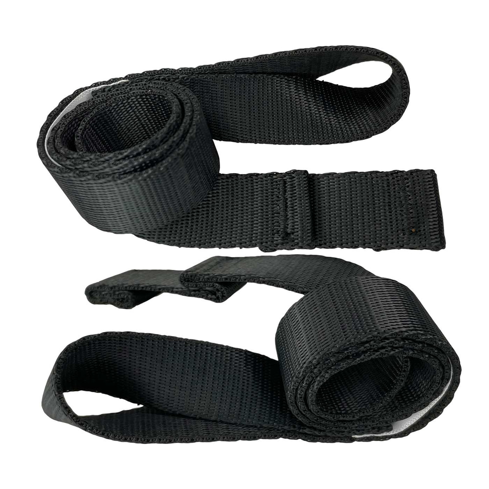 Schwarze, gerollte Gurtbänder ohne sichtbaren Hersteller- oder Produktnamen, Produktname TreeRex Leg Loops