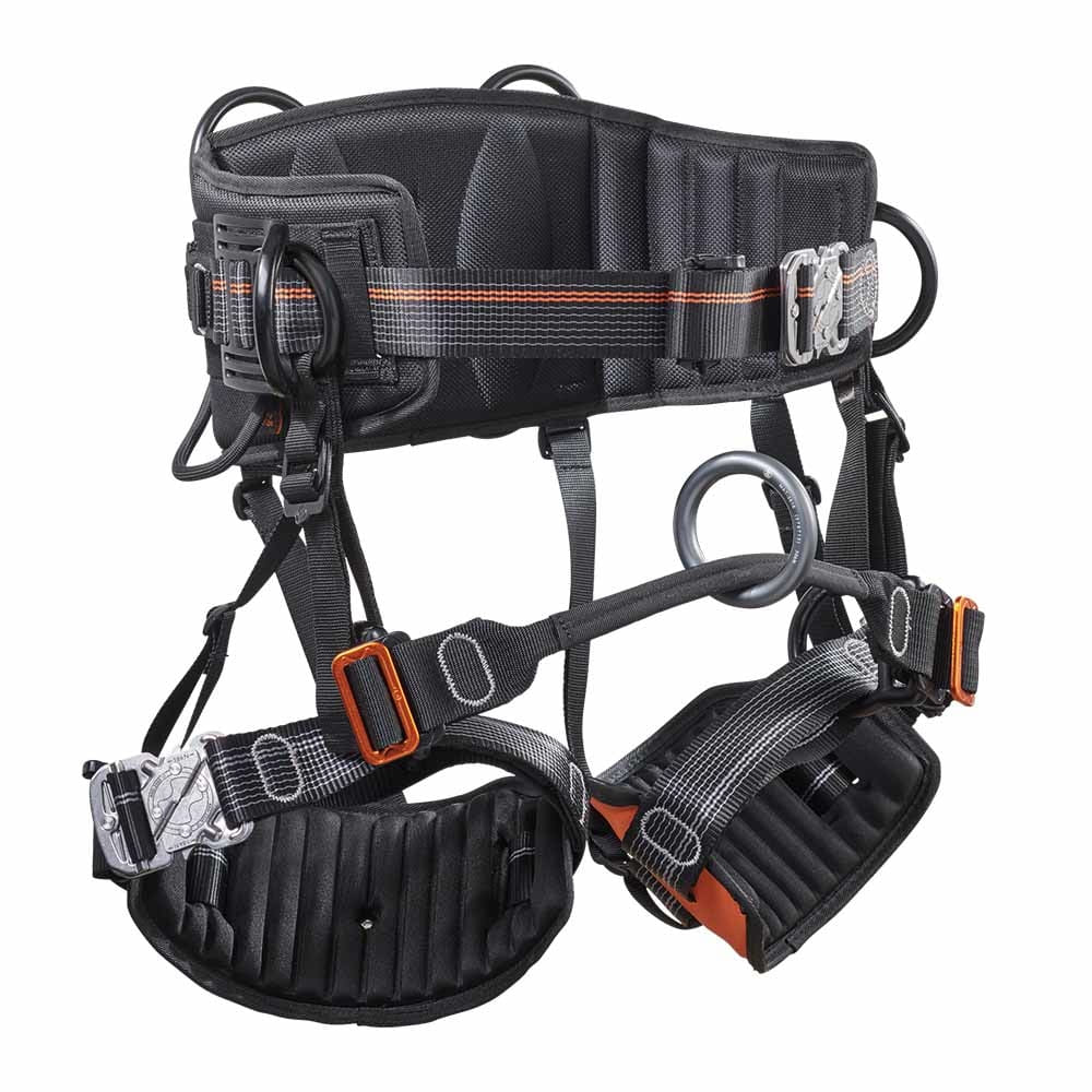 Ignite Arb Klettergurt in Schwarz mit orangen Details, gepolsterter Hüftgurt und Beinschlaufen, Metallverschlüsse und mehrere Befestigungsringe