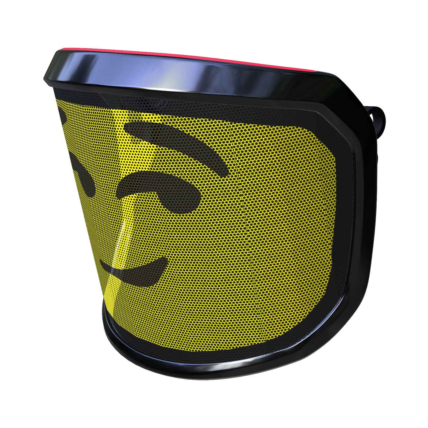 PROTOS® Visier Arbormoji mit gelbem Gesicht und schwarzem, zwinkerndem Smiley-Motiv, schwarzer Rahmen, seitliche Ansicht von links