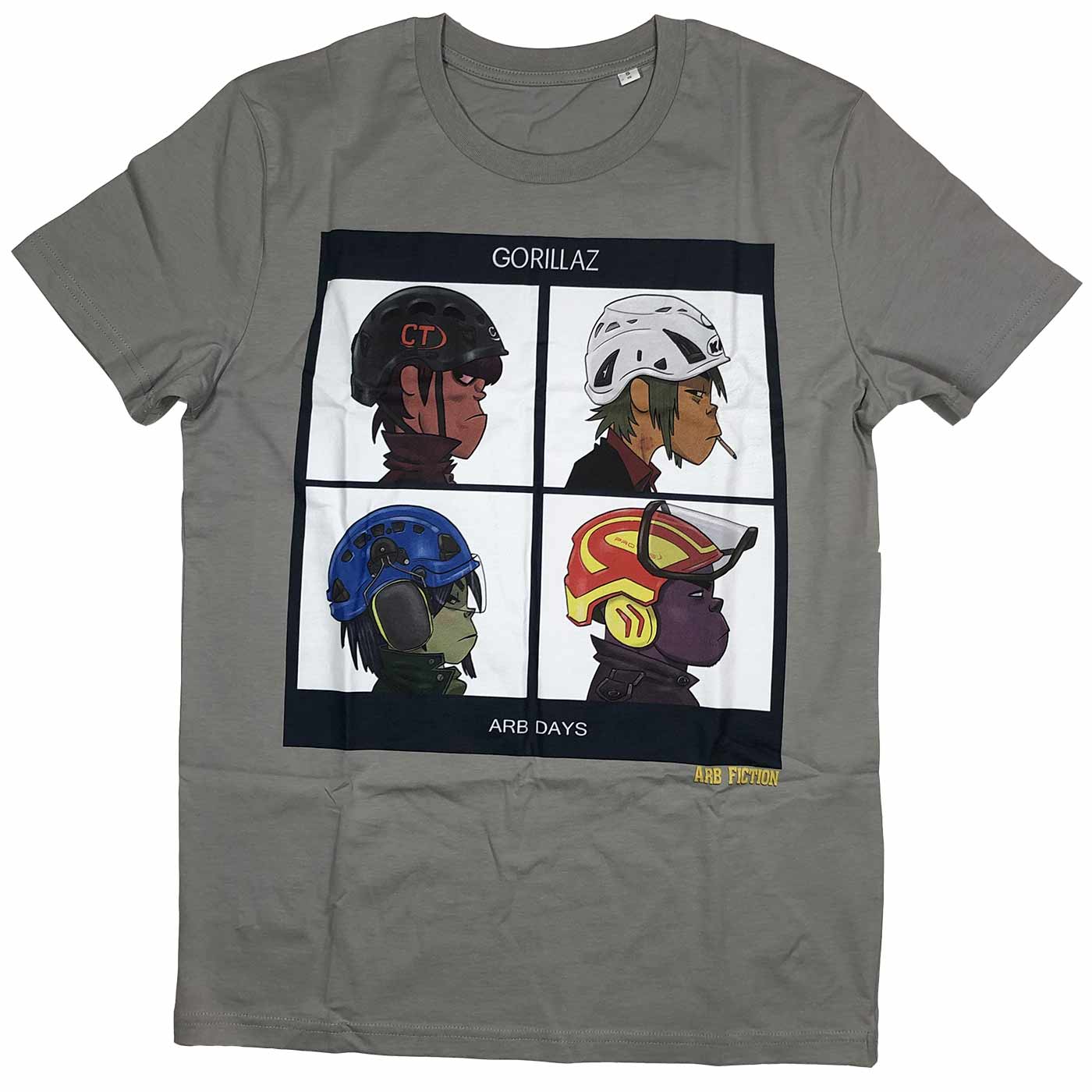 Gorillaz T-Shirt in Grau mit einem quadratischen Druck, der vier Comic-Charaktere mit Helmen zeigt, oben steht "GORILLAZ" und unten "ARB DAYS"