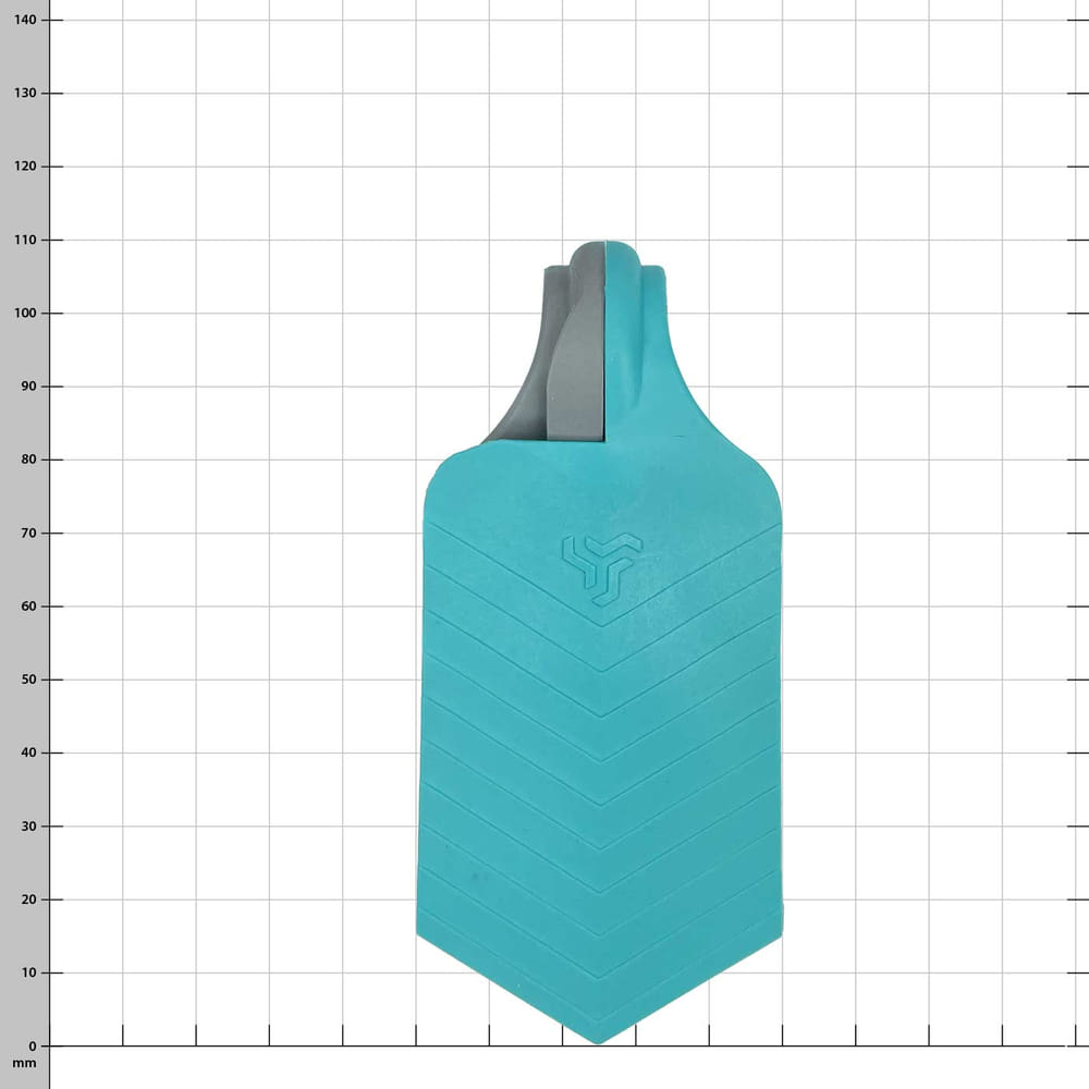 Dual Wedge in türkis und grau, Keilförmiges Produkt von oben mit Rastermaß im Hintergrund
