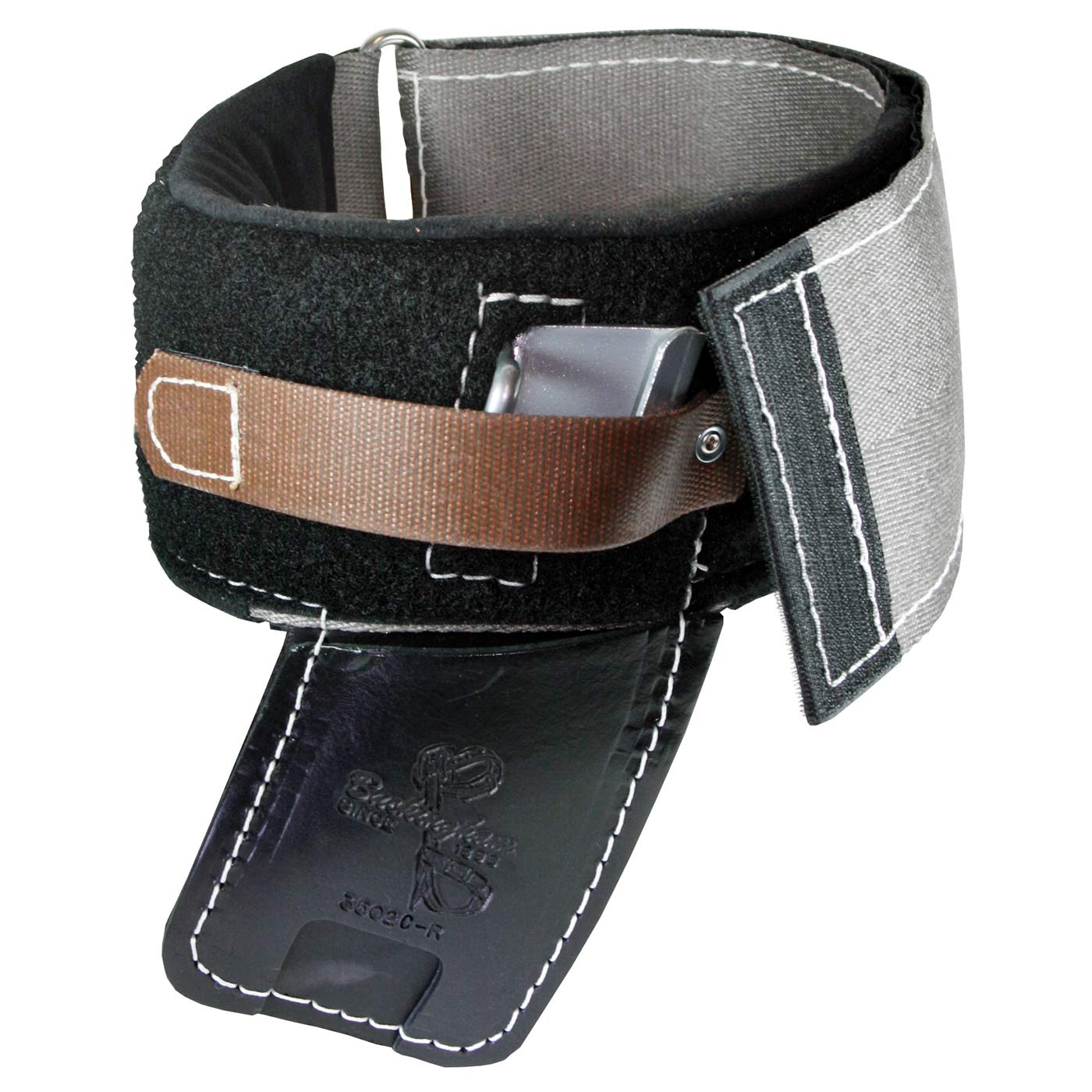 Wrap Pads Steel, Steigeisenpolster, ein gepolstertes, schwarzes und graues Band mit braunem Riemen und schwarzem Lederteil mit weißer Naht